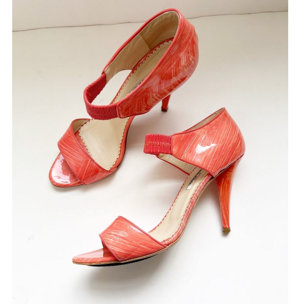 Oscar de la Renta Pumps Coral Patent Leather Orange Sandals Shoes 38.5
